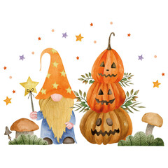 Watercolor illustration of gnomes for the holiday of halloween, autumn, pumpkin day, hello october isolated on white background.