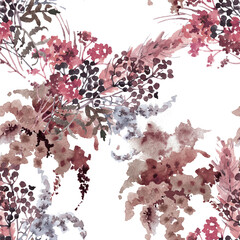 Dry pink brown wildgrass bouquet watercolor on white background seamless pattern for all prints.