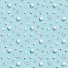 Christmas holiday background with winter decoration, white stars, glass ball, transparent beads, snowballs on pastel blue