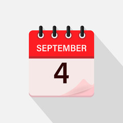 September 4, Calendar icon with shadow. Day, month. Flat vector illustration.