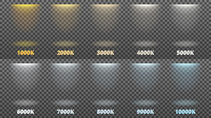Vector illustration set of light from lamps, spotlights. Color temperature from 1000 to 10000 Kelvin. - obrazy, fototapety, plakaty