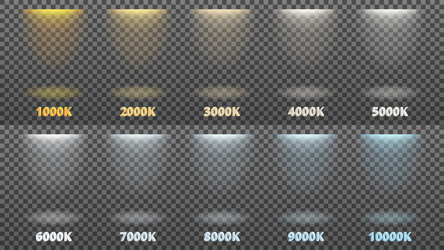 Vector Illustration Set Of Light From Lamps, Spotlights. Color Temperature From 1000 To 10000 Kelvin.