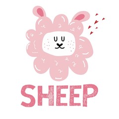 Vector children's hand-drawn illustration of a cute lamb. Pink sheep with hearts. Lettering. Illustration for posters. postcards. fabrics. prints.