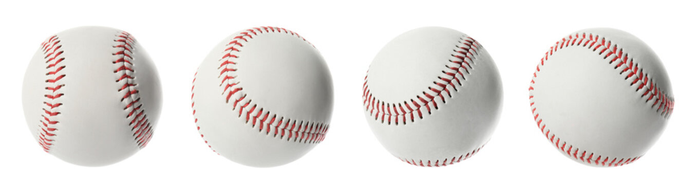 Set with traditional baseball balls on white background, banner design. Sportive equipment