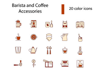 Barista devices accessories flat icons set. French press and measuring cup. Isolated vector stock illustration
