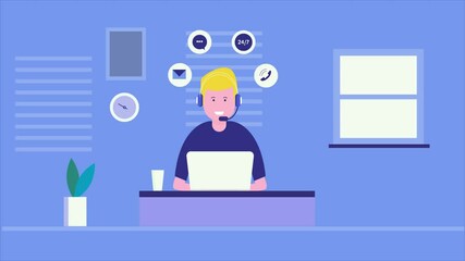 Young man with headphone providing customer support service, managing inquiry, customer support executive working in office.  2d animation, 4k video clip.