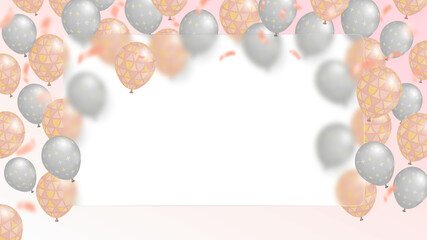 Pink and white balloons with pattern on trendy glassmorphism frame. For birthday, party or other promotion social media banners. 