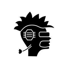 Human head with microchip glyph icon. Skull with mohawk. Cyberpunk concet. High tech technology