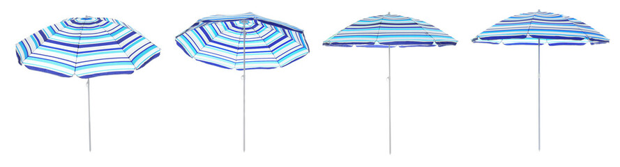 Set with striped beach umbrellas on white background. Banner design
