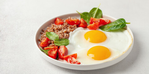 Eggs, buckwheat, tomatoes and spinach on a plate. Healthy breakfast.