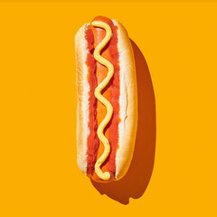 hot dog with ketchup and mustard, isolateds on yellow pastel background
