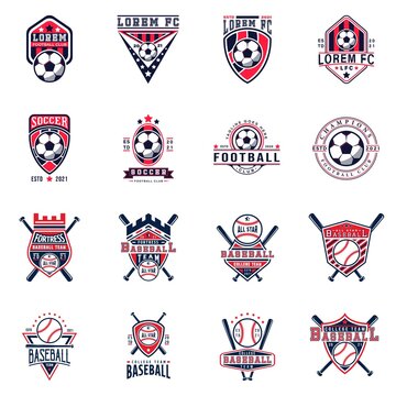 Set of Soccer Football and Baseball Team Badge Logo Design Templates. Sports Team Identity Vector Illustrations isolated on white background. Collection of Sport Logo Themed T-shirt Graphics