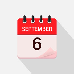 September 6, Calendar icon with shadow. Day, month. Flat vector illustration.