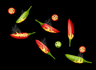 Burning green and red bird's eye chili pepper pods with fire and slices isolated on black background. Realistic vector illustration.