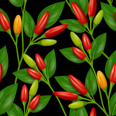 Obraz premium Vegetable seamless pattern with Bird's eye chili pepper plant. Branches with red, orange and green pods and leaves on black background. Realistic vector illustration.
