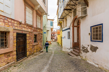 Fototapeta premium Colorful historical street view in Ayvalik Town.