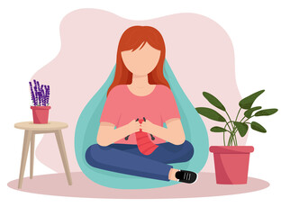Obraz na płótnie Canvas The girl knits. Knitting needles. Flat vector illustration