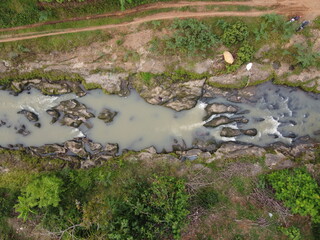 aerial panoramic view of the river that has a beautiful and unspoiled rock texture in Indonesia