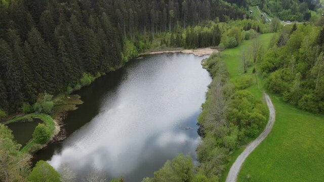 Small Lake in Austrian Alps Aerial (Leonharditeich in Murau, Styria)
