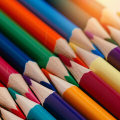 Fototapeta premium Colored sharpened pencils lie in a row close-up. Solid abstract background of wooden multi-colored pencils. These are school supplies.