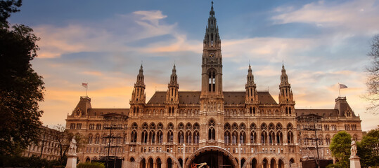 Sunset sky scene of the landmark of Vienna in a City hall and blue sky which Tall gothic building in Vienna, Austria