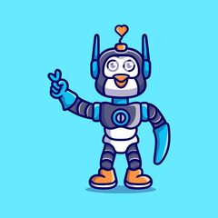 cute penguin robot with love peace hand sign