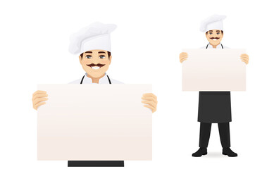 Handsome man chef in black apron presenting something holding empty blank board or paper isolated vector illustration