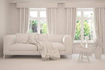 White living room with sofa and summer landscape in window. Scandinavian interior design. 3D illustration