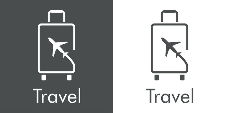 Logotipo con texto Travel y silueta de avi&oacute;n con trayectoria con forma de maleta de ruedas con lineas en fondo gris y fondo blanco