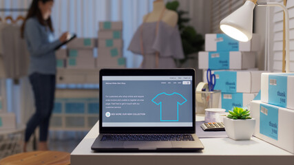 UX UI smart website notebook screen on desk table home office designer studio e-commerce salepage...