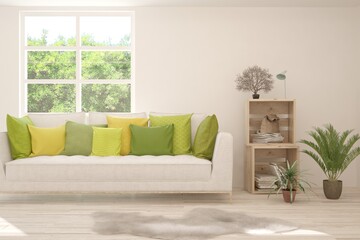 Stylish room in white color with sofa and summer landscape in window. Scandinavian interior design. 3D illustration