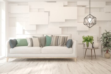 White living room with sofa. Scandinavian interior design. 3D illustration