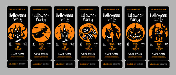 Halloween invitation tickets set. Vector ticket design template for halloween party. Club invitation, invite, flyer, poster at black and orange colors in cartoon style. Witch, pumpkin, house, monster