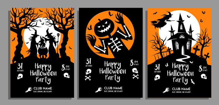 set of Halloween party posters in black and orange colors. Vector design template of invitations, invite, cards, flyer, afiche in cartoon silhouette style. Witches, Jack o lantern and haunted mansion