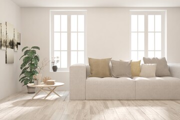 White living room with sofa. Scandinavian interior design. 3D illustration