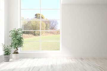 Naklejka na ściany i meble Stylish empty room in white color with autumn landscape in window. Scandinavian interior design. 3D illustration