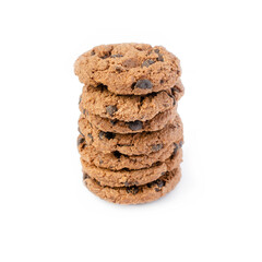 Closed up delicious homemade chocolate cookie or biscuit stack on white background