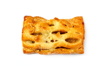 Top view of delicious homemade pineapple pine piece with sliced almond topping on white background with clipping path