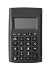 empty black plastic calculator with dark button to small or mini for pocket and calculate with office equipment tool on white background isolated included clipping path