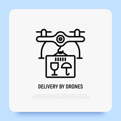 Drone delivery of parcel thin line icon. Modern vector illustration of logistic innovation.