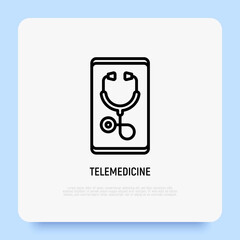 Telemedicine thin line icon, stethoscope on screen of smartphone. Modern vector illustration.