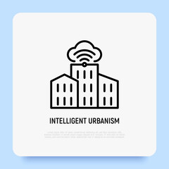 Smart city, intelligent urbanism thin line icon. Cloud computing technology in building. Modern vector illustration.