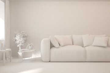 Mock up of minimalist living room in white color with sofa. Scandinavian interior design. 3D illustration