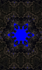 Grey stone flower kaleidoscope on Very dark blue background shiny frame background. Granite mineral texture Vertical image.