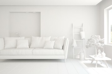 White minimalist living room with sofa. Scandinavian interior design. 3D illustration