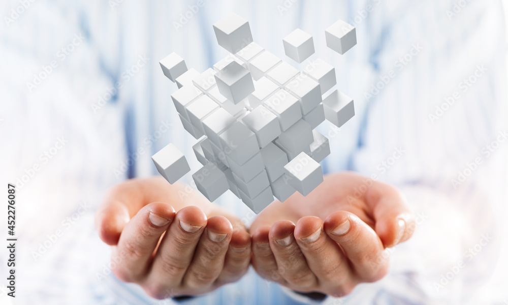 Poster concept of technology integration and innovation presented by cube figure. mixed media