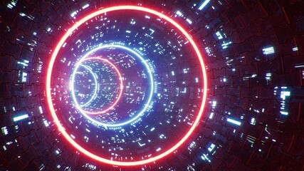 Red and Blue Light Sci fi VJ Tunnel 3D Rendering
