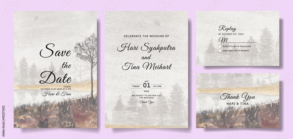 Wall mural Watercolor wedding invitation set with sky and tree landscape