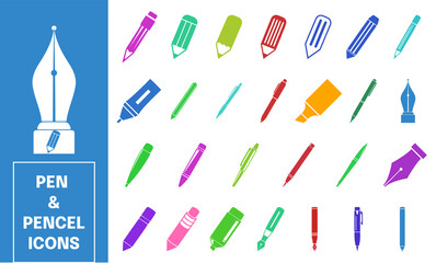 Colorful pen and pencil flat vector icon set