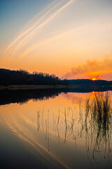 Beautiful colorful sunset on the forest lake
